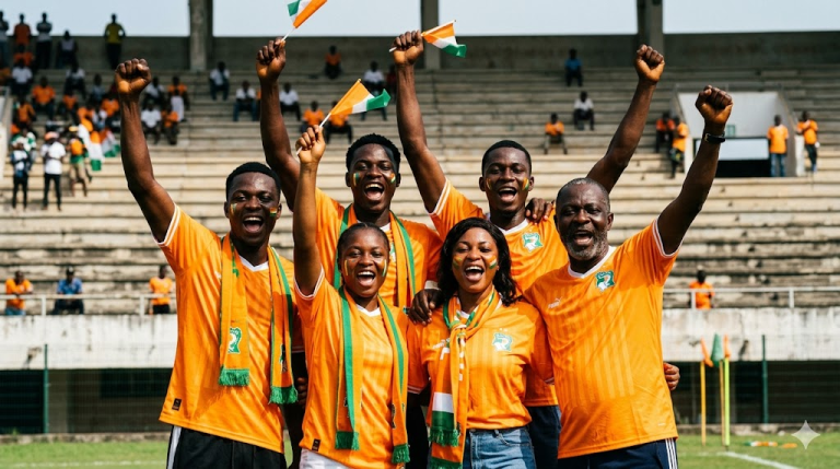 Supporters nigériens en orange célébrant un match des Ménas au stade lors de la campagne de qualification