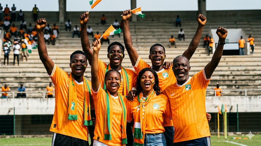Supporters nigériens en orange célébrant un match des Ménas au stade lors de la campagne de qualification