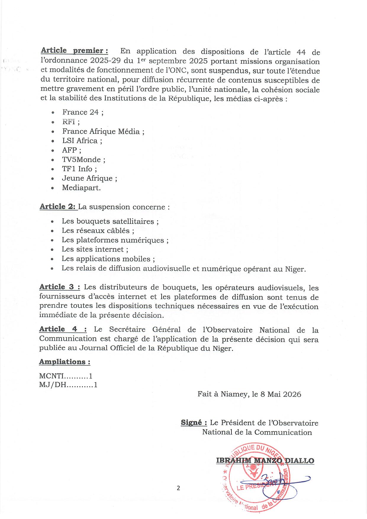 ONC: Décision portant suspension de diffusion, publication et relais ...