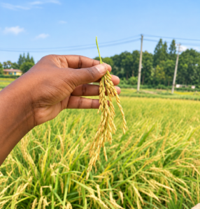 Main tenant du riz mûr dans un champ ensoleillé
